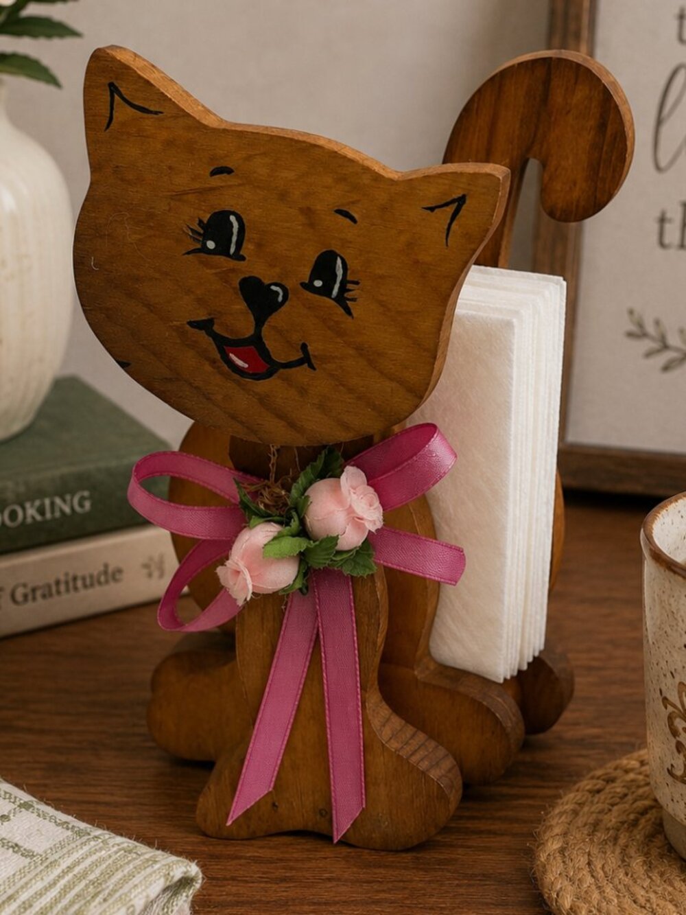 Vintage Hand Carved Wooden Cat Napkin Holder w/ Pink Ribbon Floral Accent